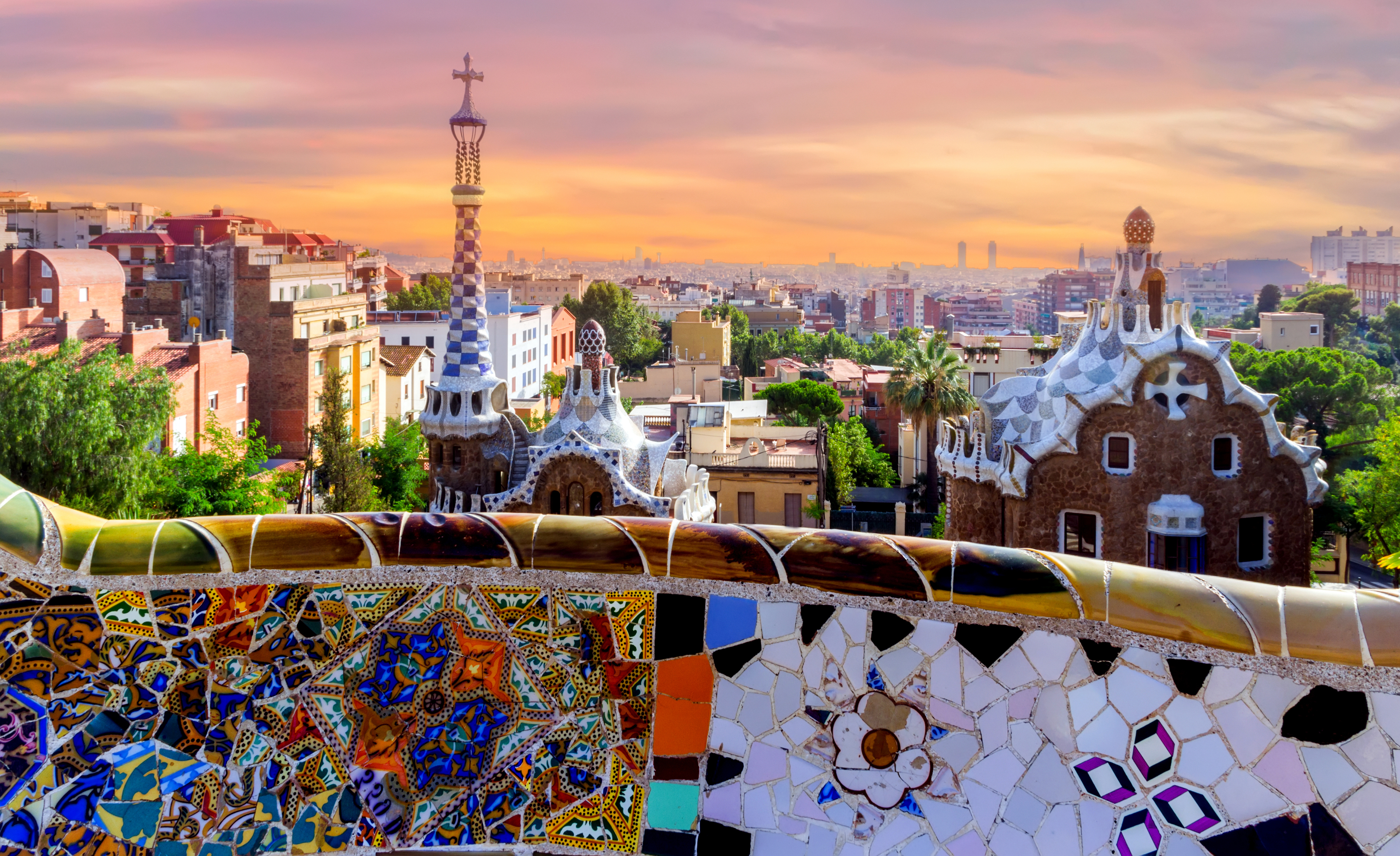 Xl Spain Barcelona Parc Guell Designed By Antoni Gaudi Sunset View