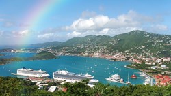 XL Caribbean US Virgin Islands St. Thomas Island Aerial View And Rainbow With Cruise Ships