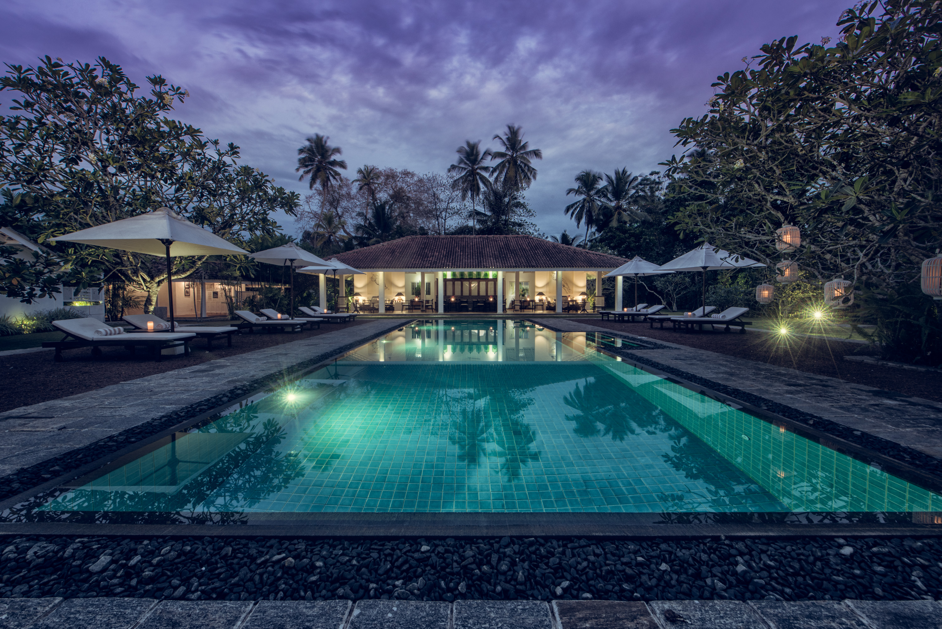 XL Sri Lanka Bentota Rock Villa Pool Area Evening Lights
