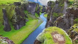 XL Iceland Fjadrargljufur Canyon, Green Cliffs And Blue Water Of River