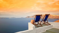 Xl Greece Santorini Sunbeds On House Roof Seaview Sunrise