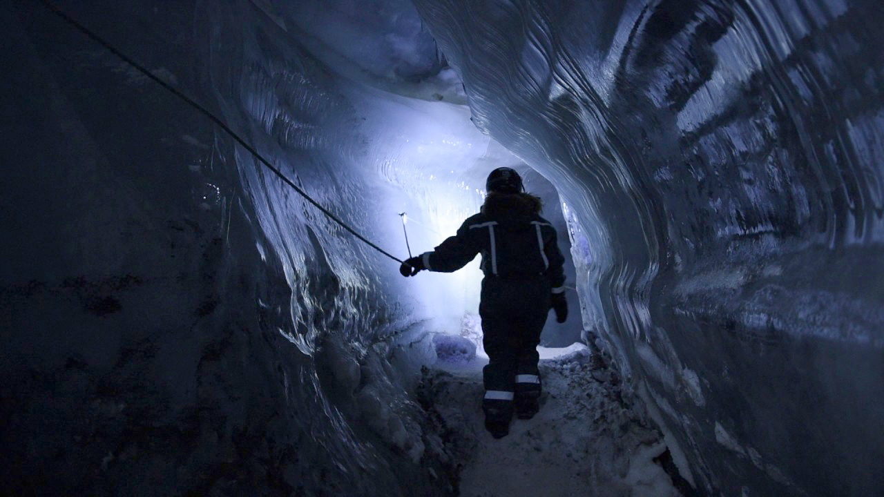 Small Svalbard Scott Turner Glacier Ice Cave Tunnel Person