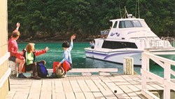 Xl New Zealand Queen Charlotte Sound People On Dock Waving At Boat