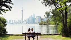 XL Canada Toronto Two Girls Sitting On The Bench, City View, Background, Toronto Islands