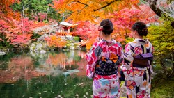 Xl Japan Women Japanese Kimono Temple Garden Fall Autumn
