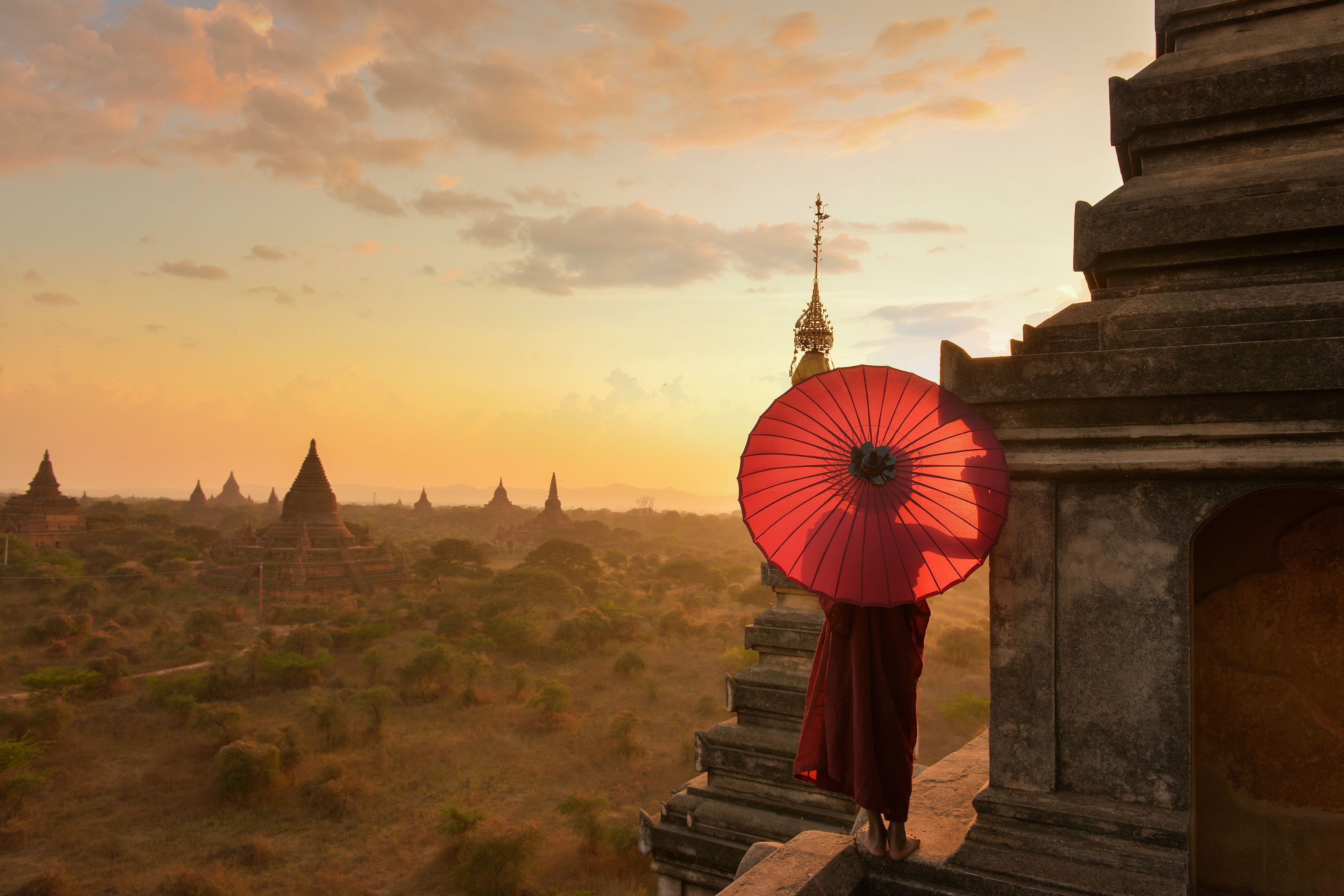 Xl Burma Bagan Sunset On The Plain Of Bagan Temple Pagoda Monk
