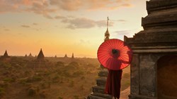 Xl Burma Bagan Sunset On The Plain Of Bagan Temple Pagoda Monk